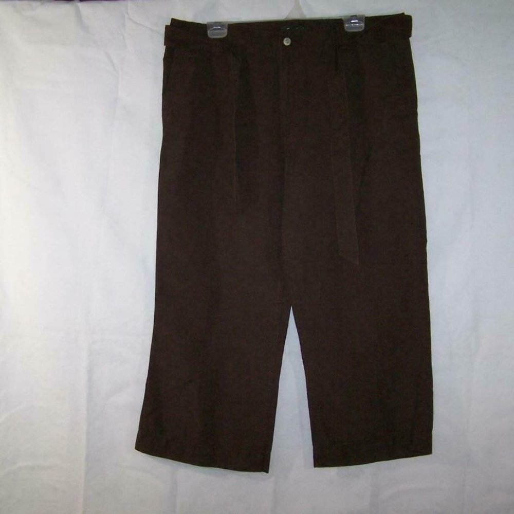 Eddie Bauer Capri Pants 16 Linen Cotton Brown Tie Belt Pockets Womens 37x23 New